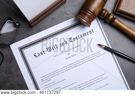 Flat Lay Composition With Last Will And Testament On Grey Table