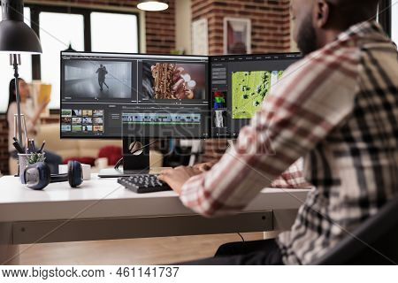 Content Creator Editing Video Montage On Film Production Software, Working On Movie Footage To Creat