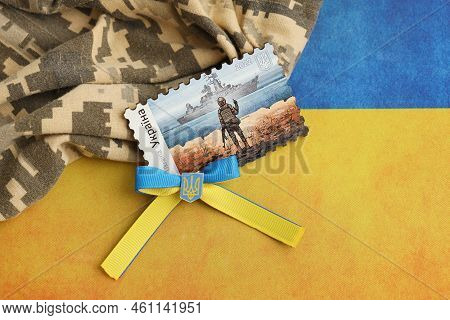 Ternopil, Ukraine - September 2, 2022 Famous Ukrainian Postmark With Russian Warship And Ukrainian S