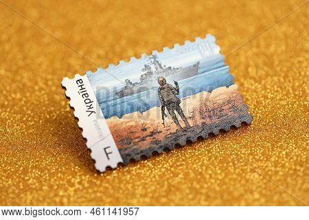 Ternopil, Ukraine - September 2, 2022 Famous Ukrainian Postmark With Russian Warship And Ukrainian S