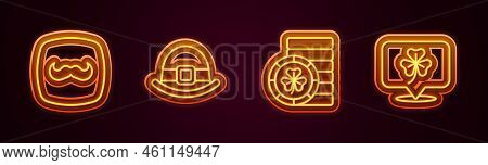 Set Line Mustache, Leprechaun Hat, Golden Leprechaun Coin And Clover Trefoil Leaf. Glowing Neon Icon