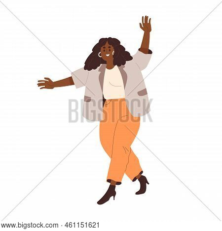 Happy Excited Woman Greeting Smb With Hi Gesture. Modern Short Chubby Friendly Person Waving With Ha