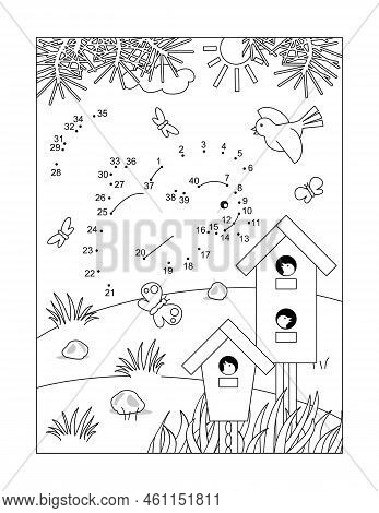 Bird Dot-to-dot Picture Puzzle And Coloring Page With Birdhouses And Nestlings. Full-page, Black And