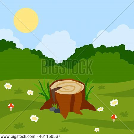 Stump In Forest Meadow. Green Field With Grass. Background For Child Drawing. Summer Nature. Funny S