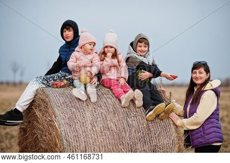 Four Kids With Mother Having Fun On Haycock At Field.