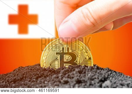 Legalization Of Bitcoin In Tonga. Planting Bitcoin In The Ground On The Background Of The Flag Of To