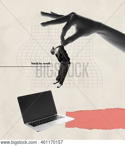 Contemporary Art Collage. Iant Female Hand Holding Girl, Employee Over Laptop. Going Back To Work