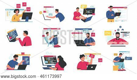 Front End And Back End Development. Abstract Characters Working On Responsive Web Design, Website Ap