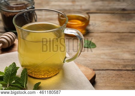 Buckwheat Tea, Granules And Honey On Wooden Table, Closeup. Space For Text
