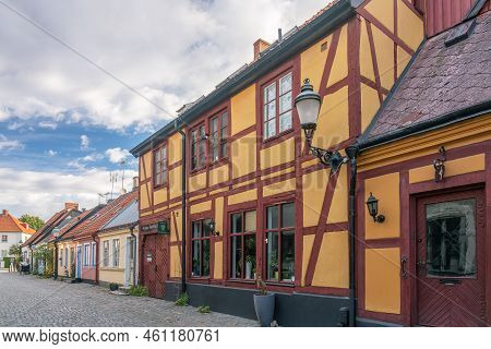 Ystad, Sweden - 6 Sep, 2022: Old Half Timbered Hotel Building With A Cobblestone Street