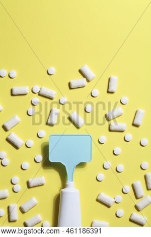 Titanium Dioxide, E171, Dangerous Additive Concept. Gum, Pills, Toothpaste Or Cream And Sign With Sp