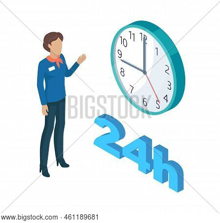 Manager Person And Clock Showing Time 3d Isometric Icons Set. Service Every Day Night Professional W