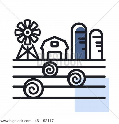 Farm Landscape With Barn, Windpump, Haystack And Granary Isolated Icon. Agriculture Sign. Graph Symb