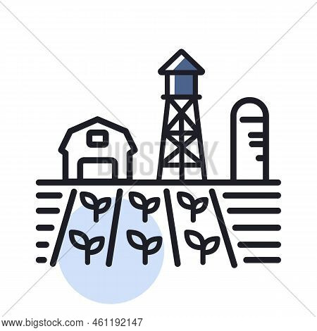 Farm Landscape With Barn, Windpump, Seedling And Water Tower Vector Isolated Icon. Agriculture Sign.