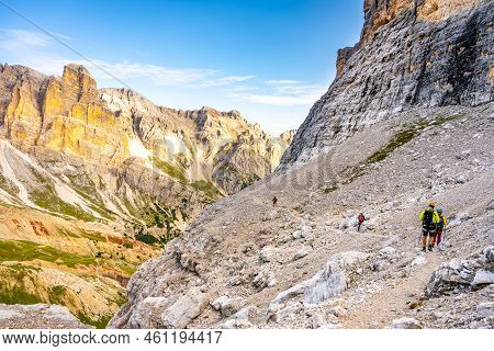 Via Ferrata Giovanni Lipella Traversing Vertical Wall Of Tofana Di Rozes Above Tavernanzes Valley In