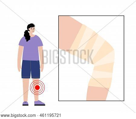 Elastic Bandage On Human Leg. Roll And Wrap Medical Gauze Over A Knee. Broken Or Injured Joint, Spra