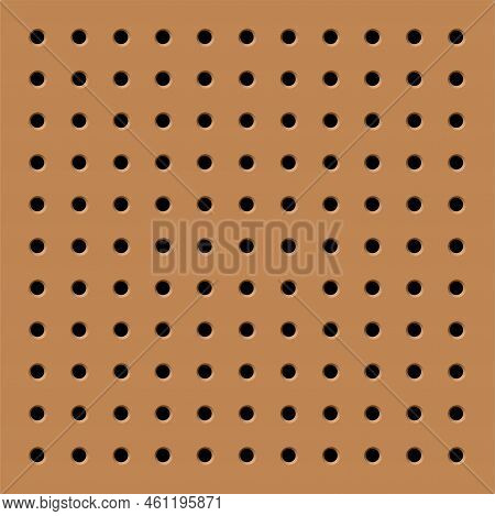Pegboard Or Perforated Wooden Hardboard. Brown Board With Spaced Holes. Wood Textured Wall, Seamless