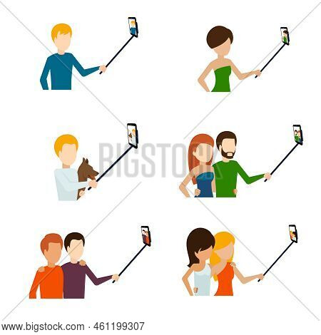 Monopod Selfie Flat Icons Set. Telephone And Photograph, Camera And Phone. Vector Illustration