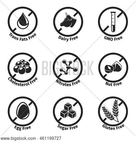 Vector Dietary Labels Set. Gluten And Cholesterol, Gmo Free, Mitrates And Trans Fats, Dairy And Egg