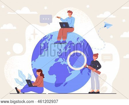 Remote Working Or Freelance Concept. Men And Women Work Anywhere In World Or Globe. International Co