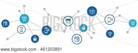 Mobile / Digital Wallet Vector Illustration. Concept With City Background & Icons Related To Contact