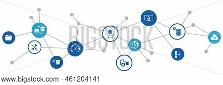 Server Vector Illustration. Concept With Icons On Data Center Infrastructure, Server Maintenance / D