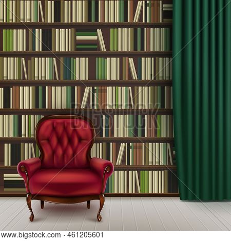 Vector Home Library Interior With Large Bookcase Full Of Different Books, Vintage Red Armchair And D