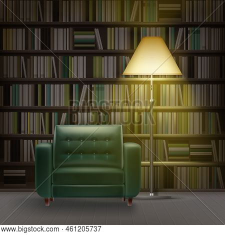 Vector Home Library Interior With Large Bookcase Full Of Different Books, Green Armchair And Burning