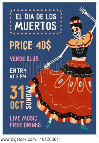 Day Of Dead, Dia De Los Muertos Carnival Flyer Design. Mexican Holiday Party Poster Template, Vertic