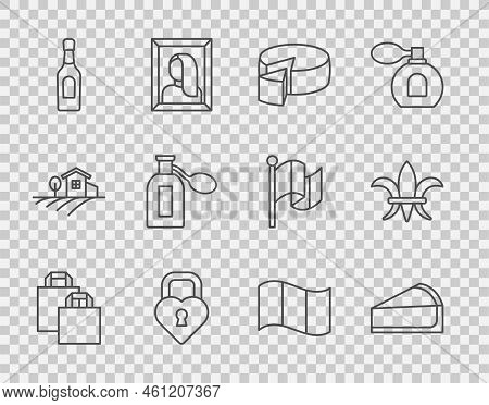 Set Line Paper Shopping Bag, Cherry Cheesecake Slice, Cheese, Castle The Shape Of Heart, Champagne B