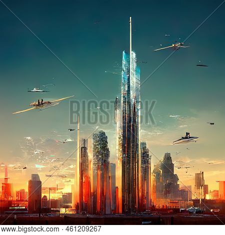 Futuristic Cityscape Creative Concept Illustration With Fantastic Skyscrapers