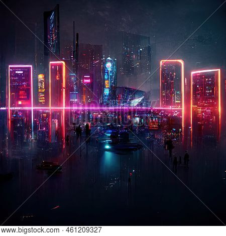 Futuristic Metaverse City Concept With Glowing Neon Lights