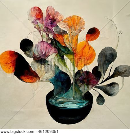 Arrangement Of Flowers, Liquid Splashes And Organic Shapes