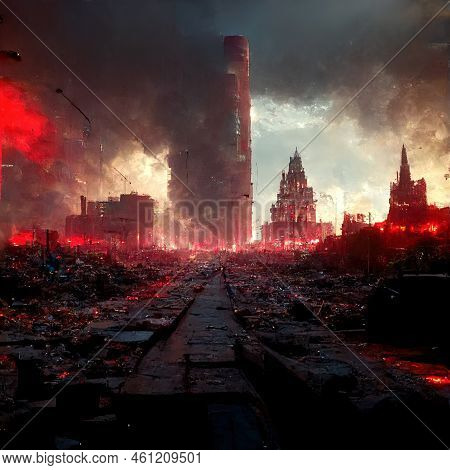 Ruined Abandoned City After War Battle Attack. Buildings On The Street