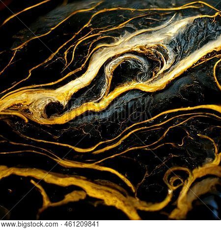 Luxury Abstract Fluid Art Painting Mixture Of Black, Gray And Gold Paints