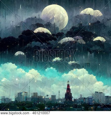 Anime Style Rainy Night With Dark Clouds In Top Of City, Fish Eye Style