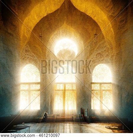 Sun Light Shine Through The Window Into Islamic Mosque Interior