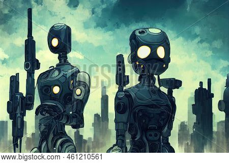 Android Male Robots Army With Gun In Hands