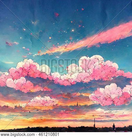Anime Style Sunset Sky, Cartoon Summer Sunrise With Pink Clouds