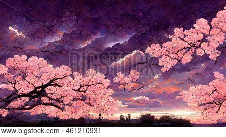 Anime Picture Of Cherry Blossom Against Purple