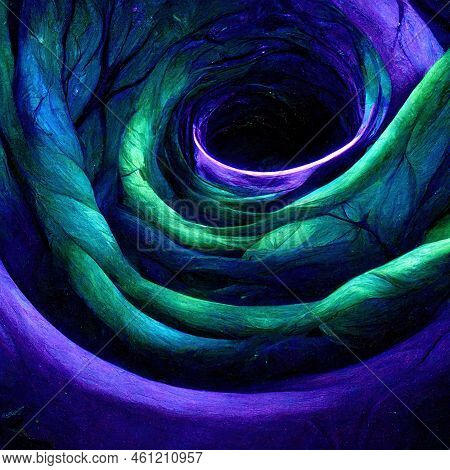 Blue, Purple And Green Colored Swirls Form Abstract Neon Lights Tunnel