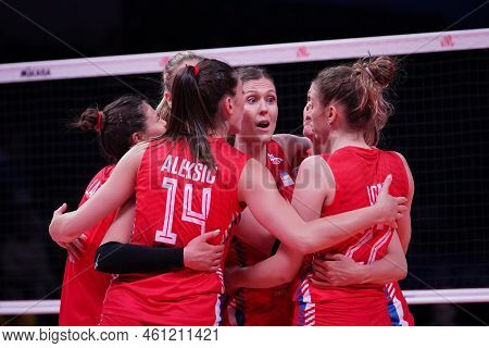 Ankara, Turkiye - June 03, 2022: Serbia Players Celebrating Score Point During Bulgaria Vnl Pool Mat