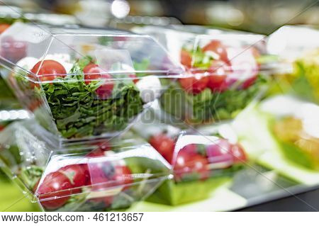 Vegetable Salads Displayed In A Commercial Refriger