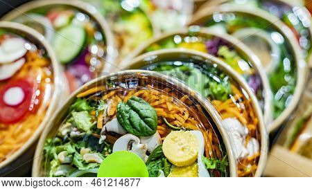 Vegetable Salads Displayed In A Commercial Refriger