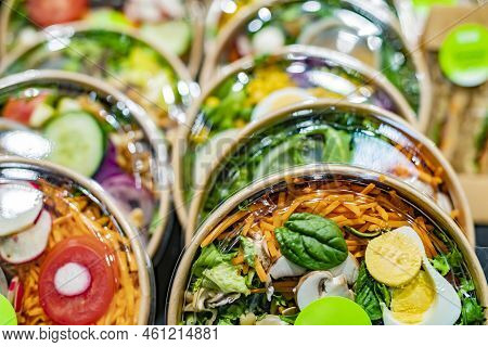 Vegetable Salads Displayed In A Commercial Refriger
