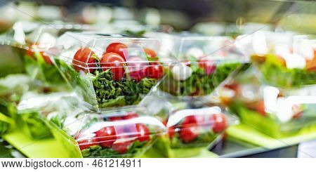 Vegetable Salads Displayed In A Commercial Refriger