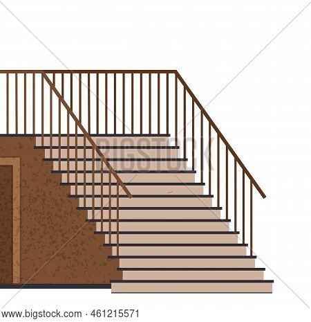Interior Design Scene With Stairs And Door. Staircase At Entrance To House. Corridor Or Hall Of Buil