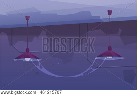 Old Basement Premise Without Windows At Night. Modern Ceiling Lamp In Cartoon Style In Dark Mysterio