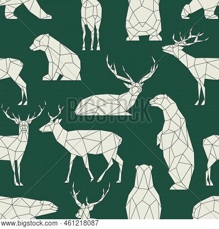Polygon Bears, Deers Pattern. Low Poly Forest Animal. Triangle Graphic