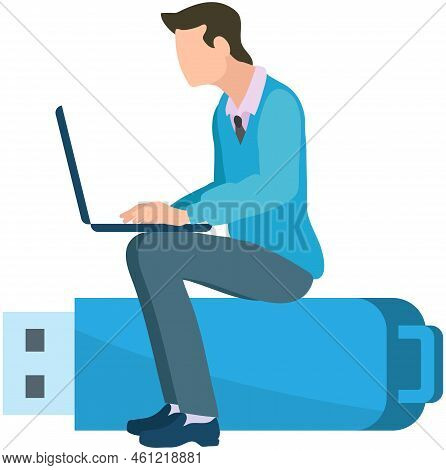Business Man With Laptop Sitting On Usb Flash Drive Digital Device. Freelancer Or Office Worker Work